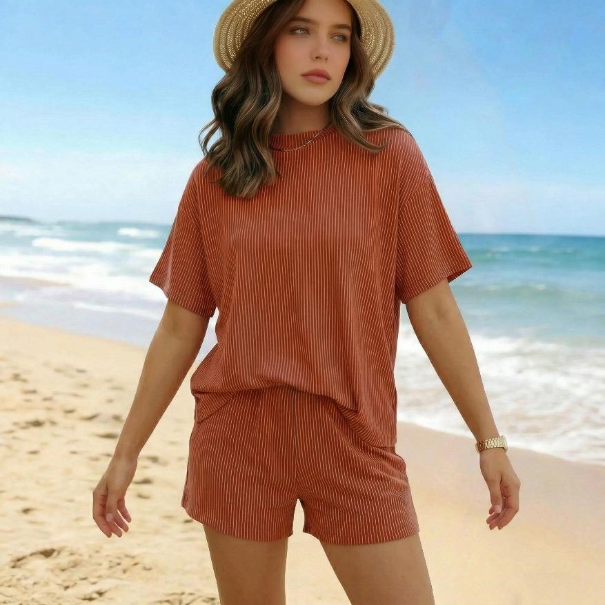 Summer Women's Ribbed Knit Lounge Set - Short Sleeve Crew Neck Top & High Waisted Shorts with Pockets, Soft Pajamas Loungewear Mother's Day Gift