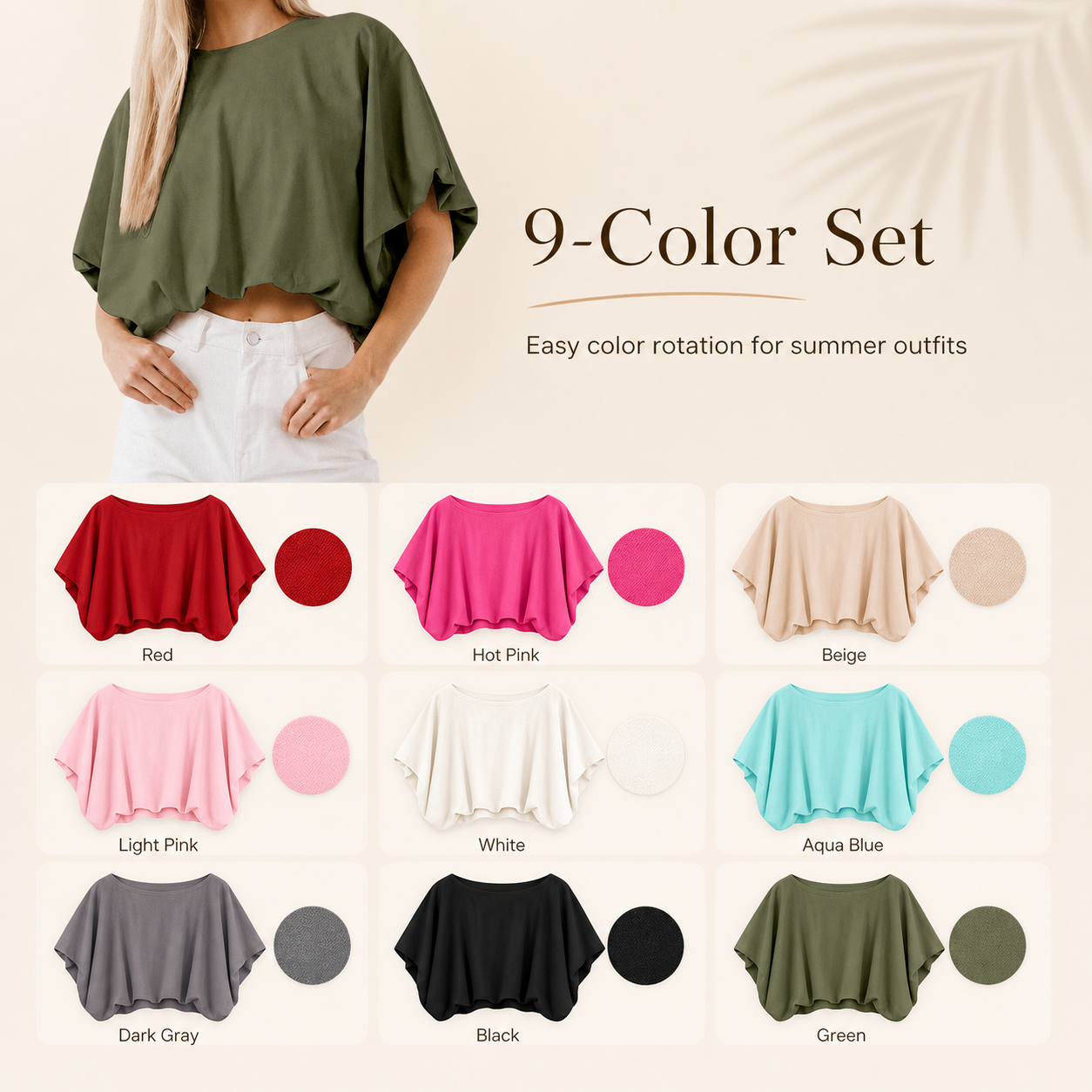 9-color set boat neck batwing crop top color detail