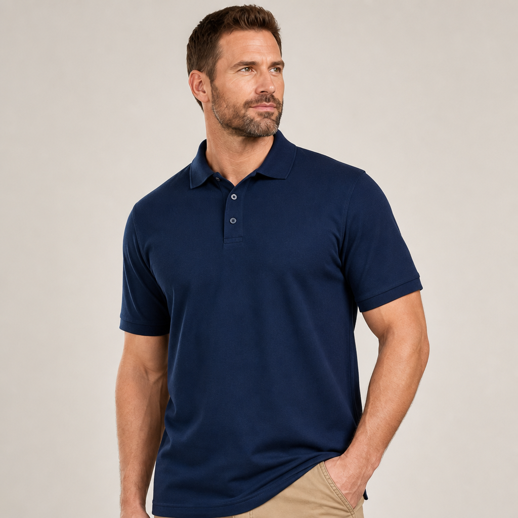 Men classic short sleeve polo shirt collar fabric and breathable texture features