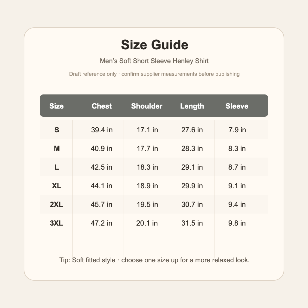 Draft size guide for mens soft henley shirt