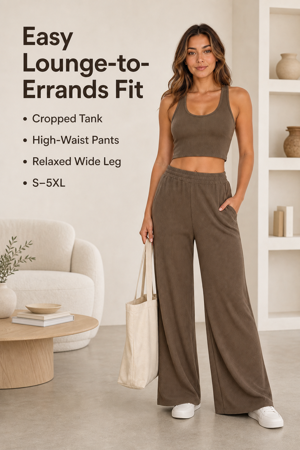 Easy Lounge-to-Errands Fit detail image showing cropped tank, high-waist pants, relaxed wide leg, and S to 5XL sizing