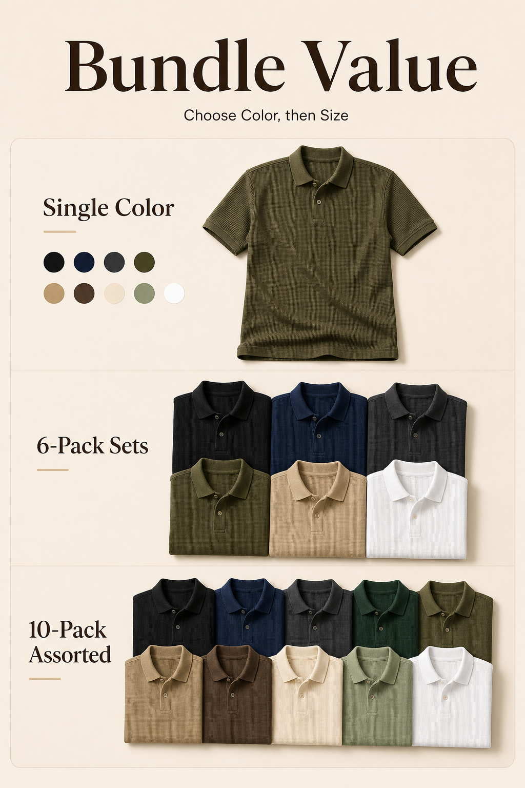 Men waffle textured short sleeve polo AI detail page showing single color 6-pack sets and 10-pack assorted bundle value