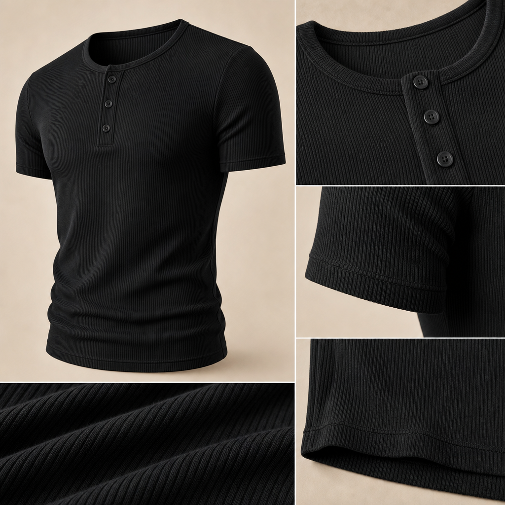 Ribbed fabric and henley placket detail image