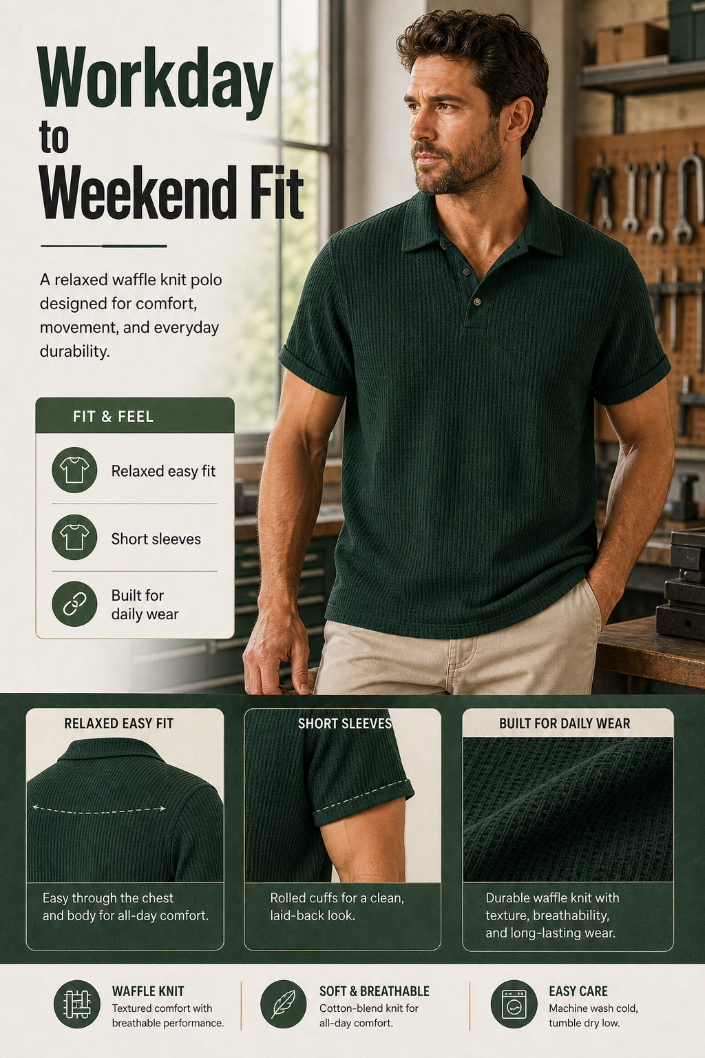 Men waffle knit open-collar polo workday to weekend fit detail image