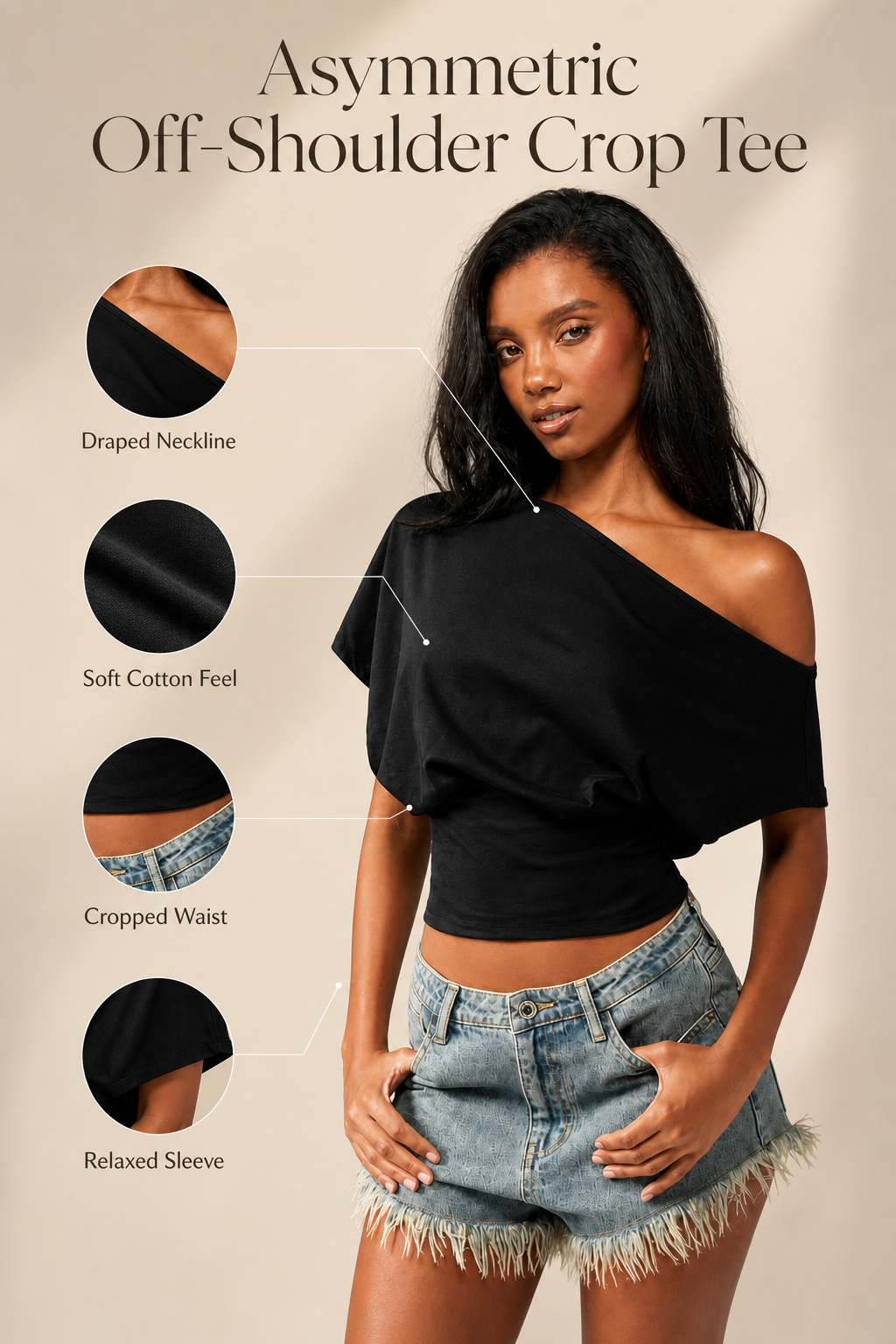 Women asymmetric off-shoulder cropped tee feature detail image