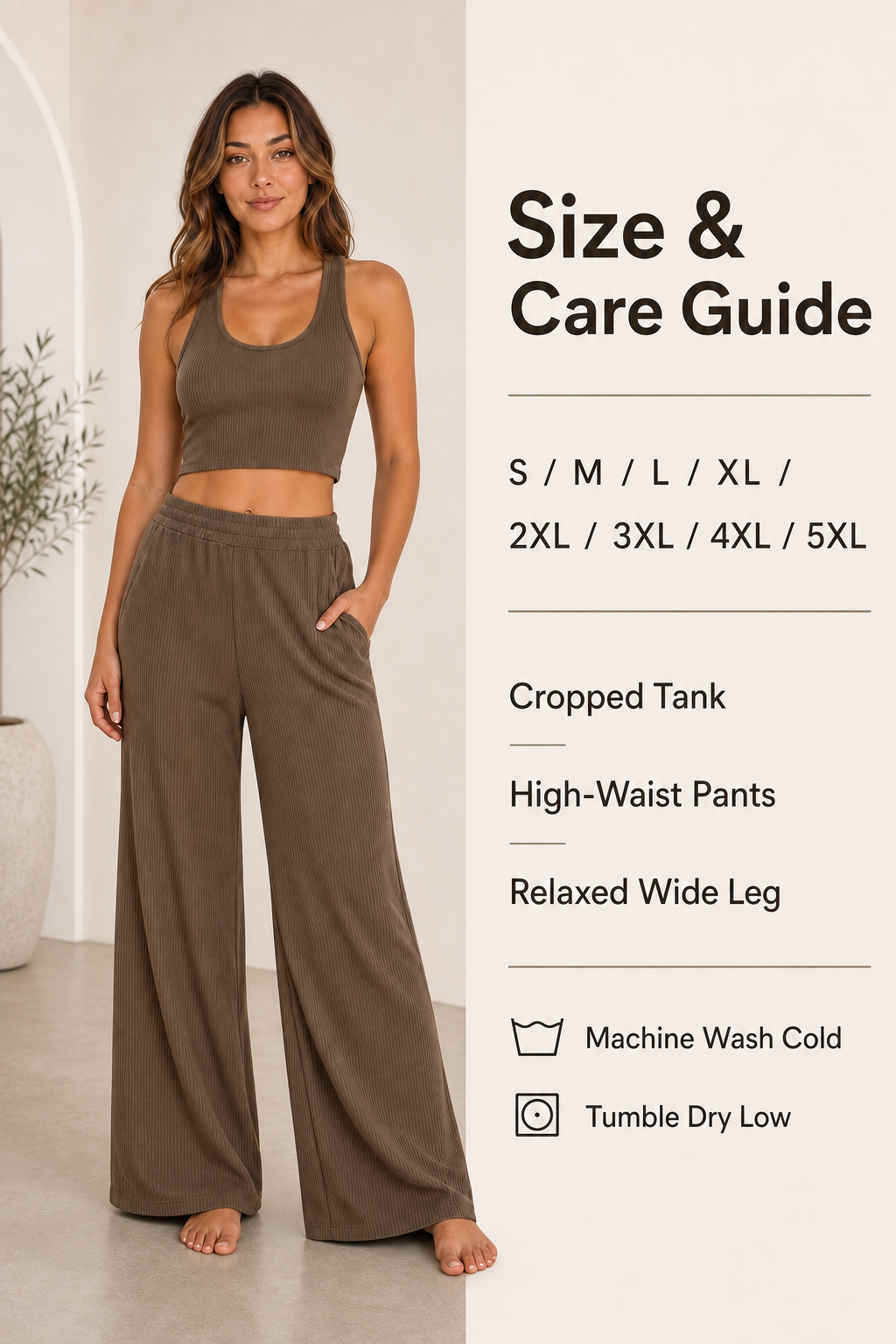 Size and care guide detail image showing S to 5XL, cropped tank, high-waist pants, relaxed wide leg, machine wash cold, and tumble dry low