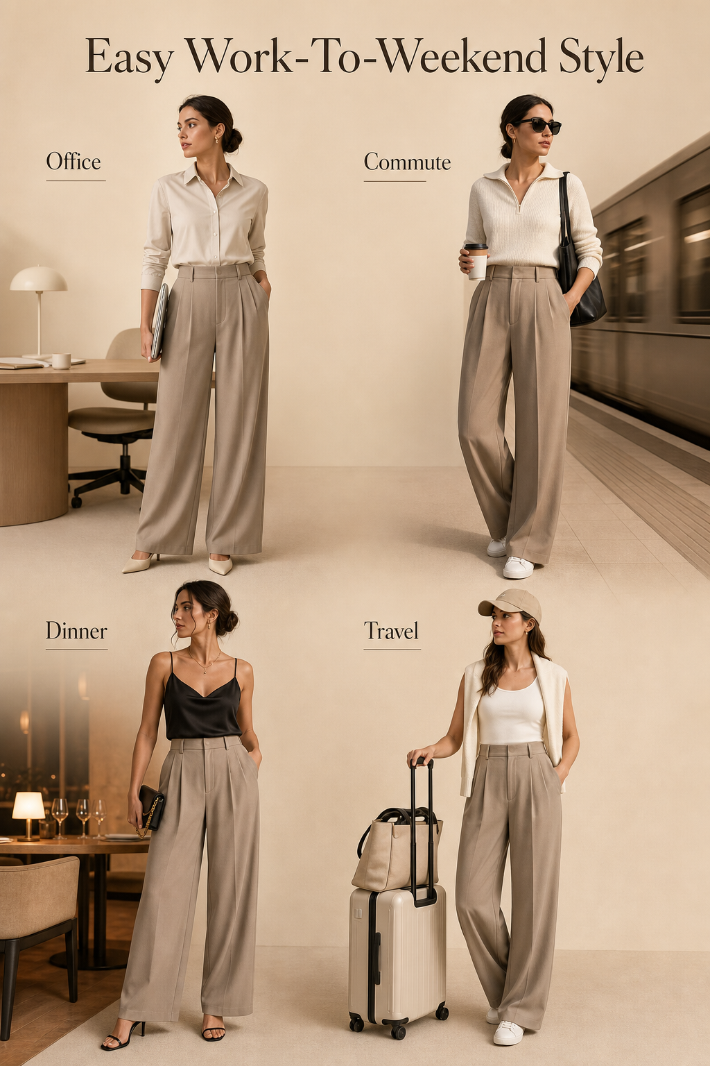 Women high waist pleated wide leg trousers work commute weekend styling detail image