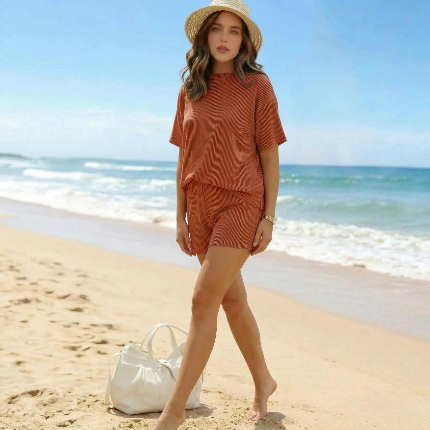 Summer Women's Ribbed Knit Lounge Set - Short Sleeve Crew Neck Top & High Waisted Shorts with Pockets, Soft Pajamas Loungewear Mother's Day Gift