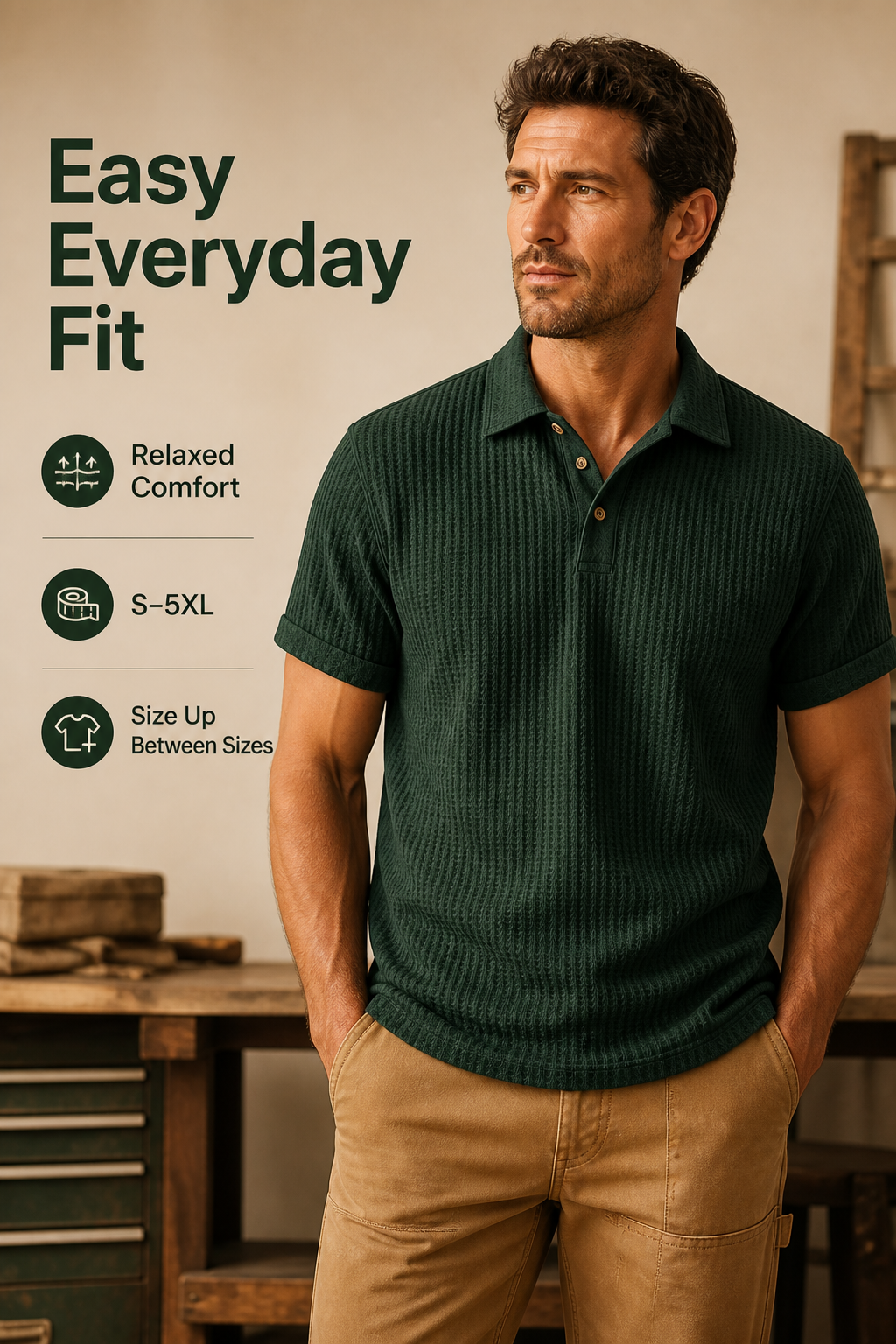Men waffle textured short sleeve polo AI detail page showing easy everyday fit and comfort