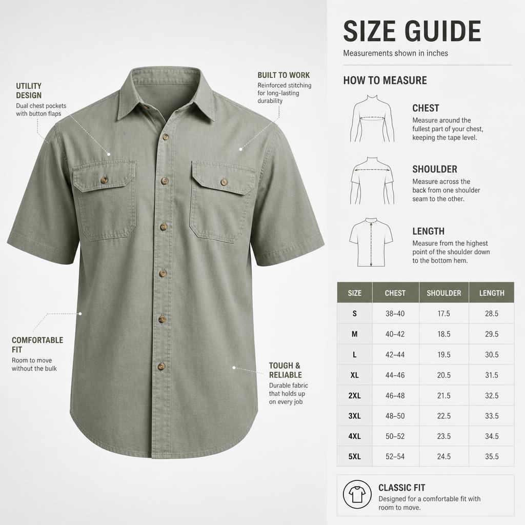 Men short sleeve utility work shirt size guide S to 5XL