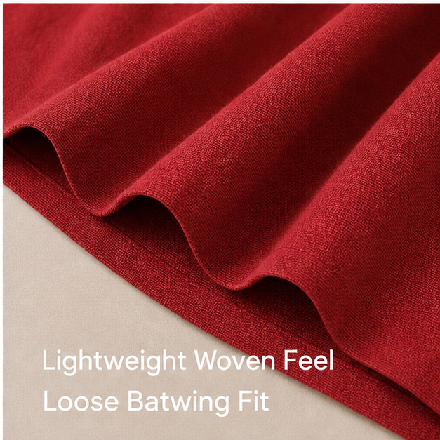 Lightweight woven feel and loose batwing fit detail
