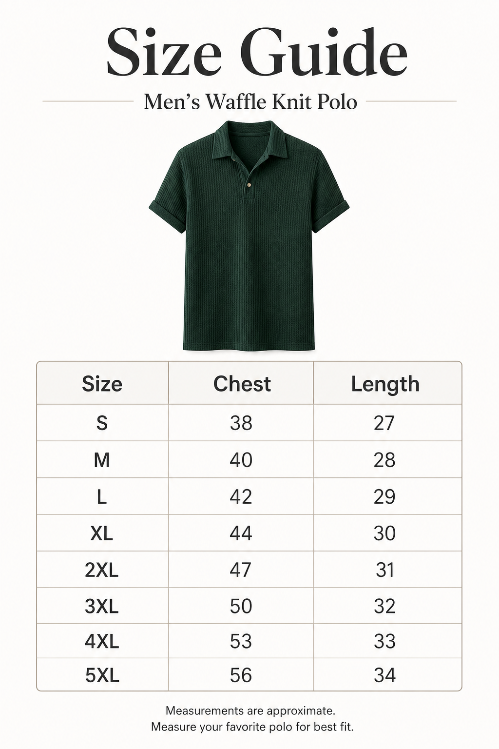 Men waffle knit open-collar polo size guide chart S to 5XL detail image