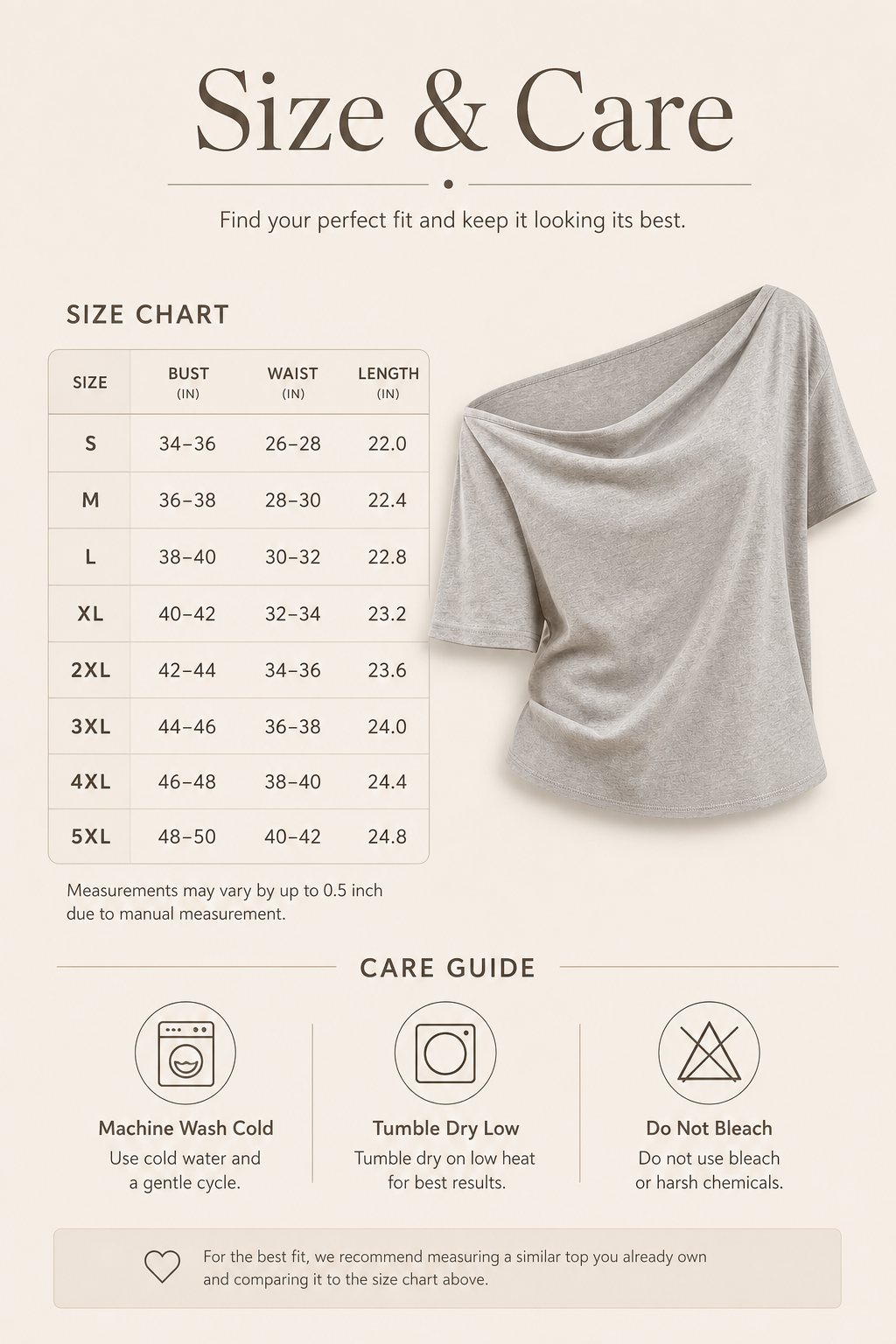 Women off shoulder short sleeve tee size and care detail image