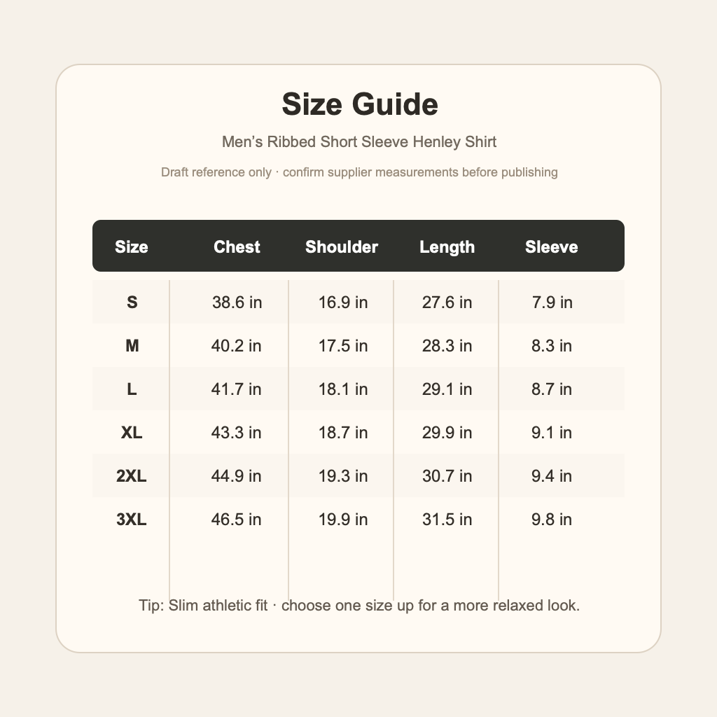 Draft size guide for mens ribbed henley shirt