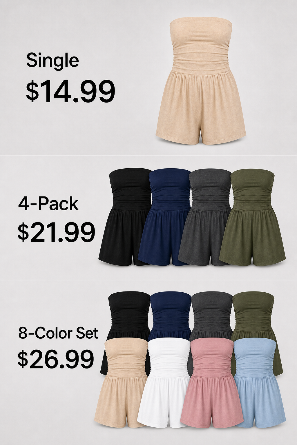 Women strapless ruched lounge romper bundle value price detail
