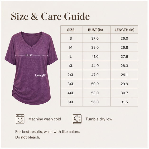 Size and care guide for women V-neck dolman sleeve tops