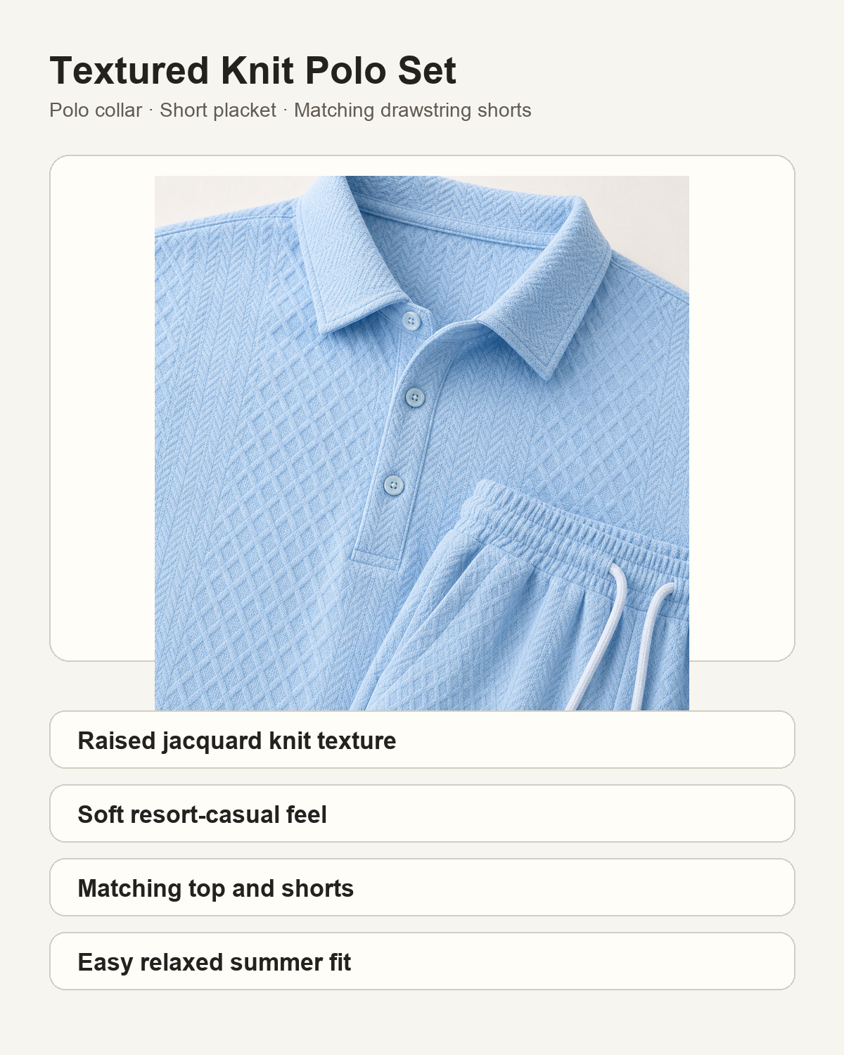 Textured knit polo set product features