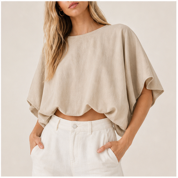 Women boat neck batwing crop top beige front fit gallery image
