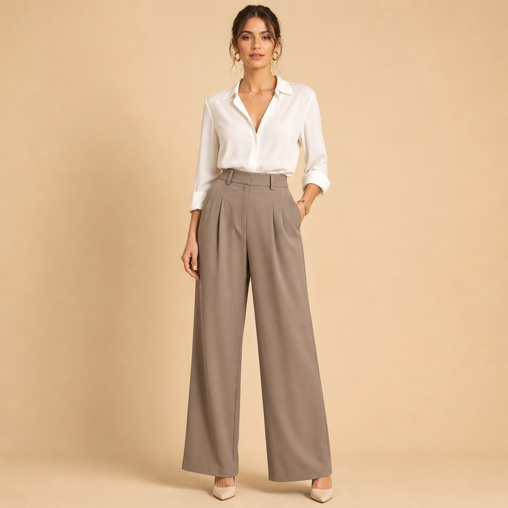 Women high waist pleated wide leg trousers front fit gallery image