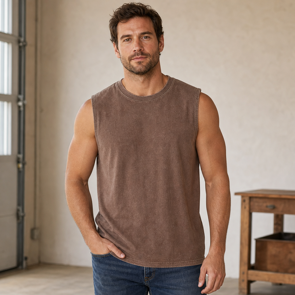 Men washed cotton sleeveless muscle tank front wearing image