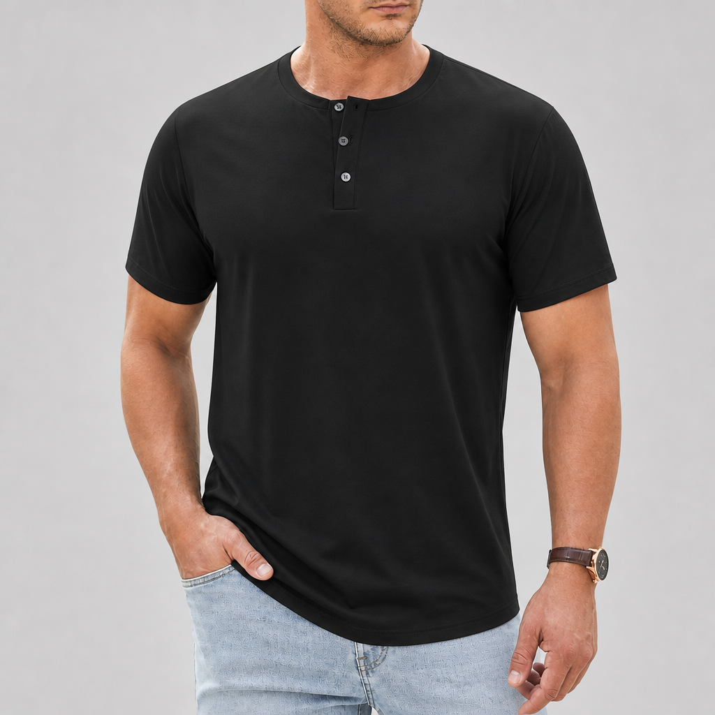 Men smooth button placket short sleeve Henley tee front fit gallery image