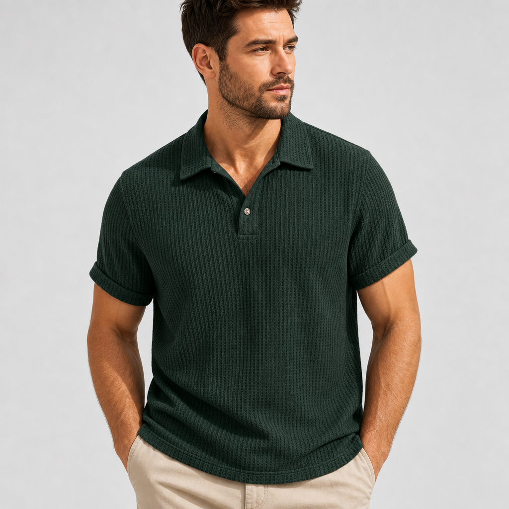 Men waffle knit open-collar short sleeve polo front fit gallery image