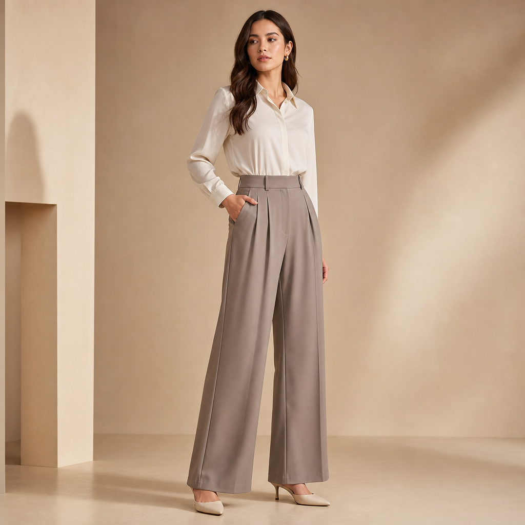 Women high waist pleated wide leg trousers pleats waistband pocket detail gallery image