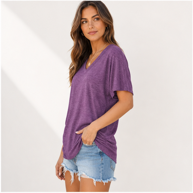 Women loose fit V-neck dolman sleeve top side drape gallery image