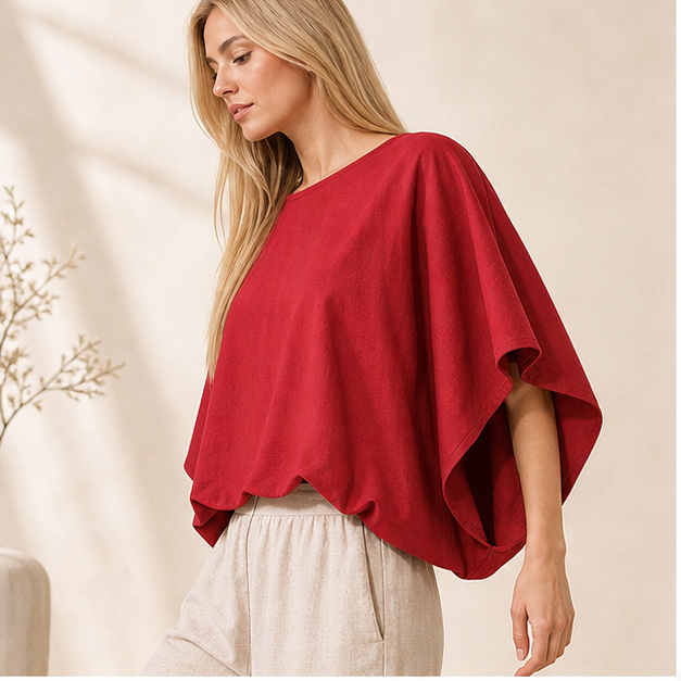 Women boat neck batwing crop top red side drape gallery image