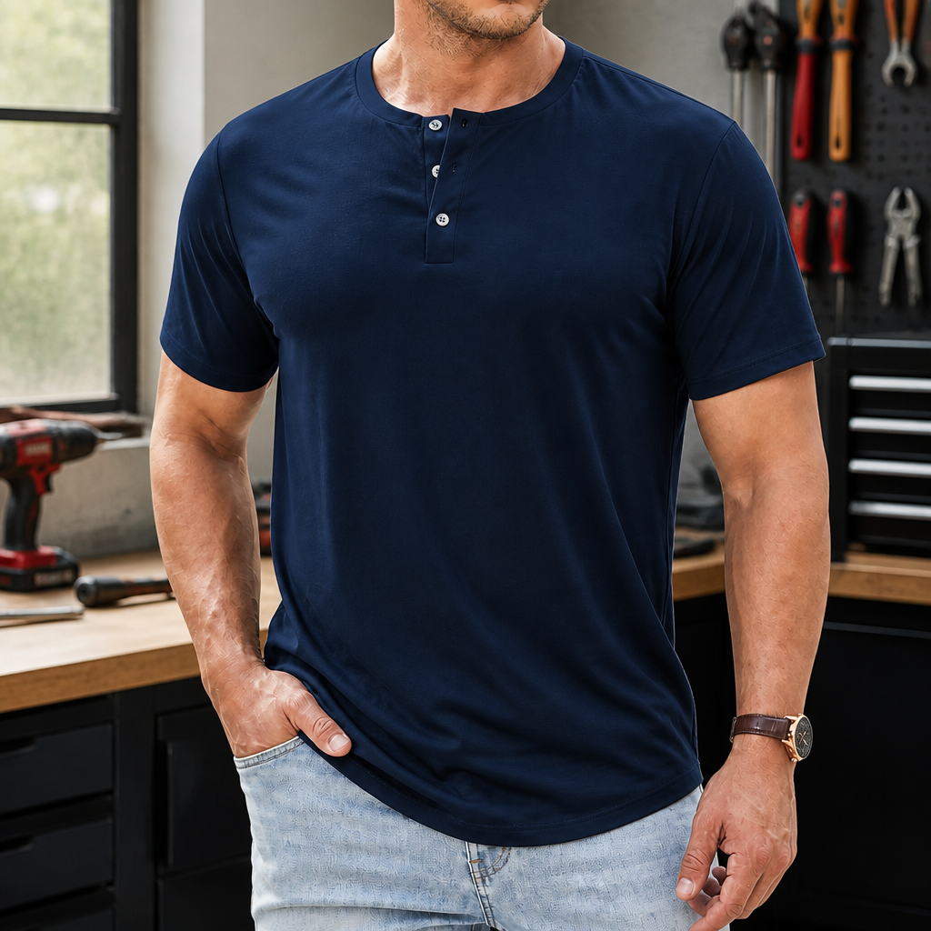 Men smooth short sleeve Henley tee workshop lifestyle gallery image