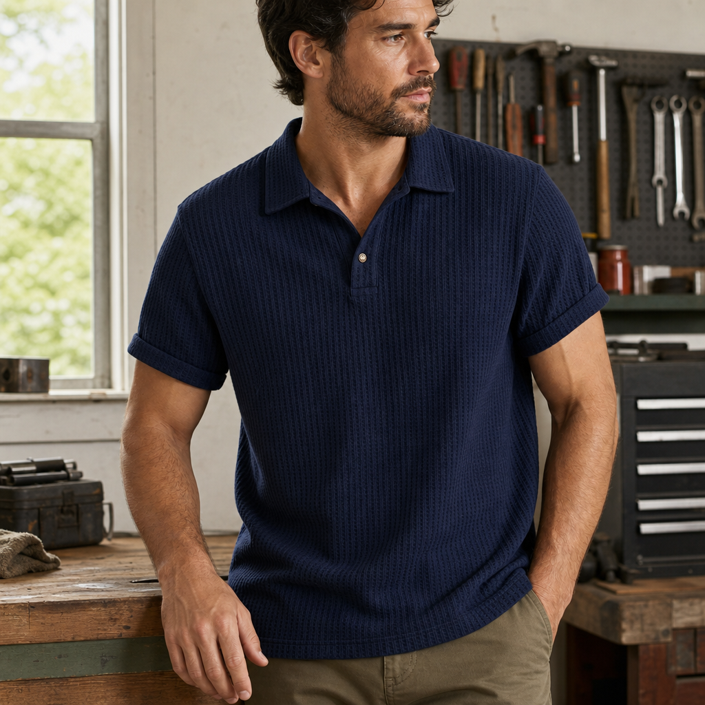 Men waffle knit open-collar polo workshop lifestyle gallery image