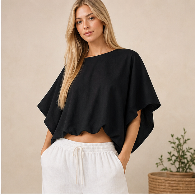 Women boat neck batwing crop top black front gallery image