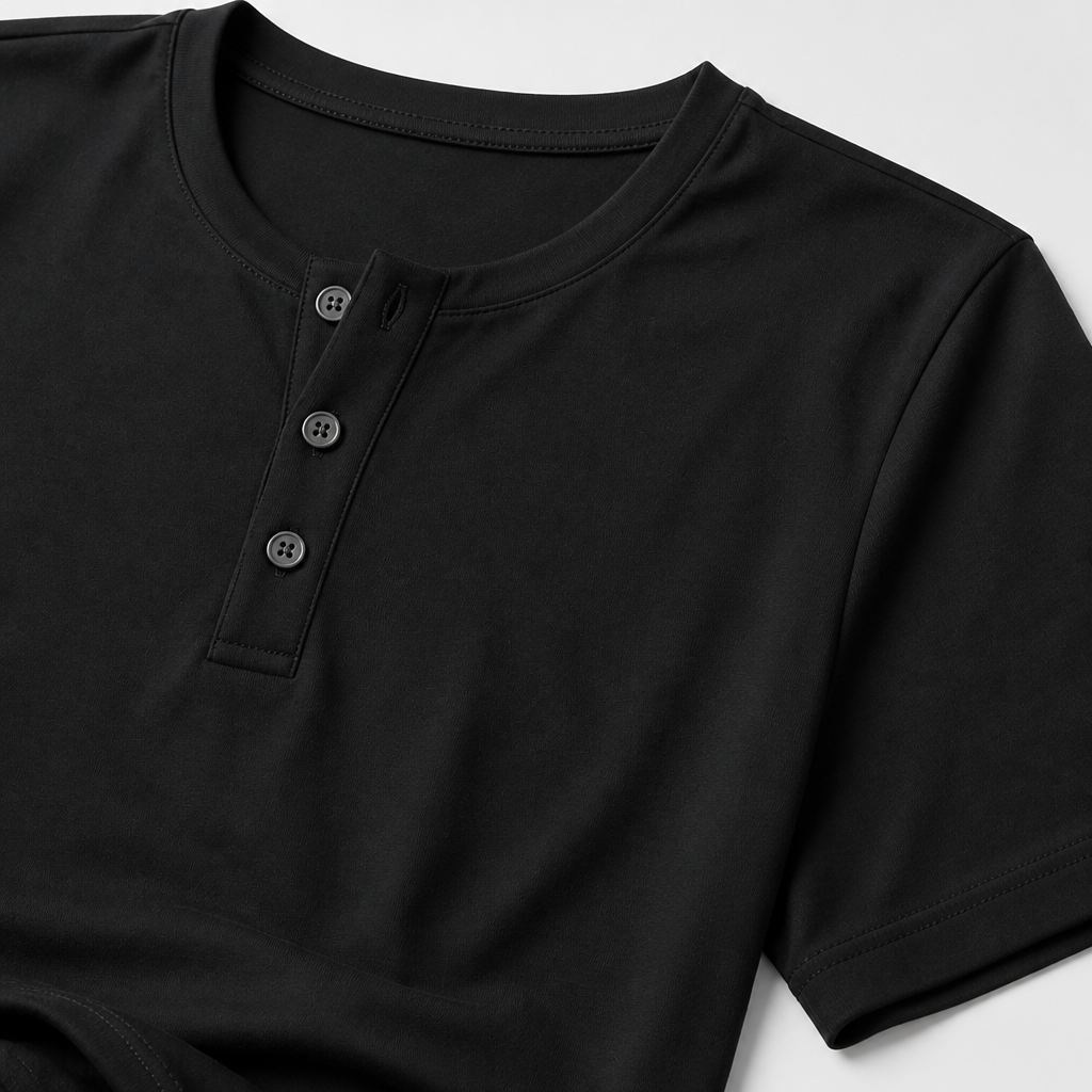 Men smooth Henley tee placket and smooth fabric close up gallery image
