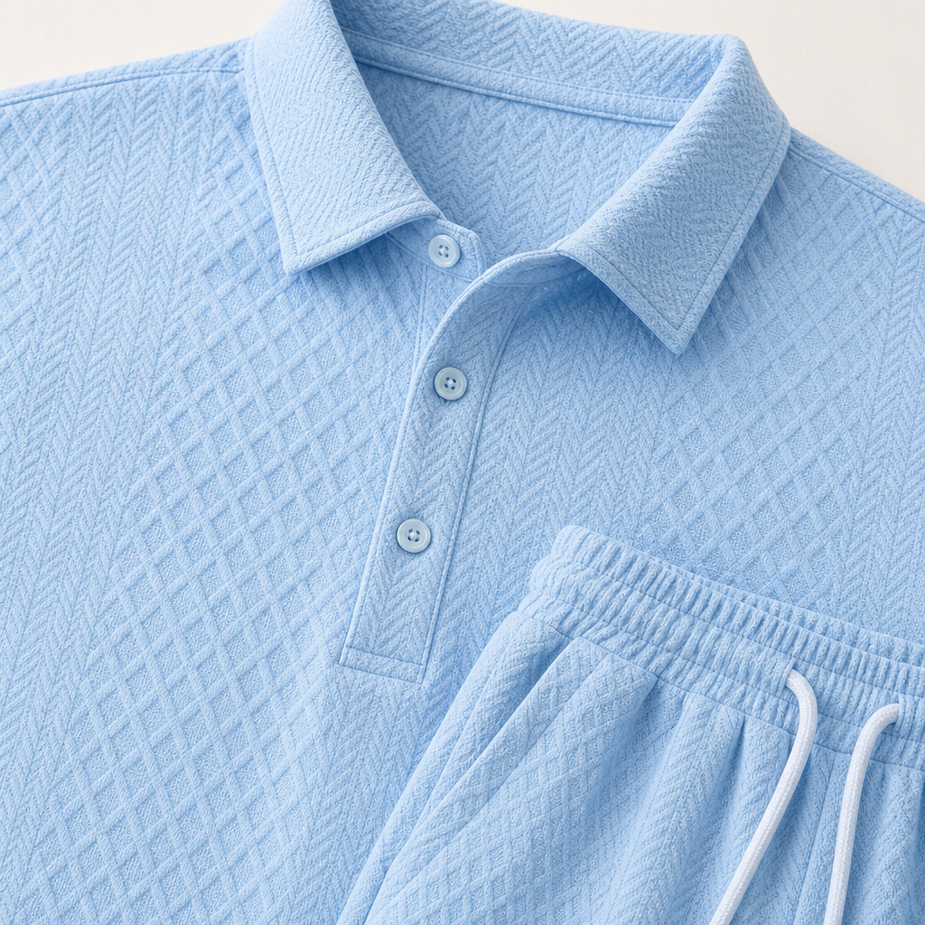 Men textured knit polo shorts set waistband drawstring pocket detail image