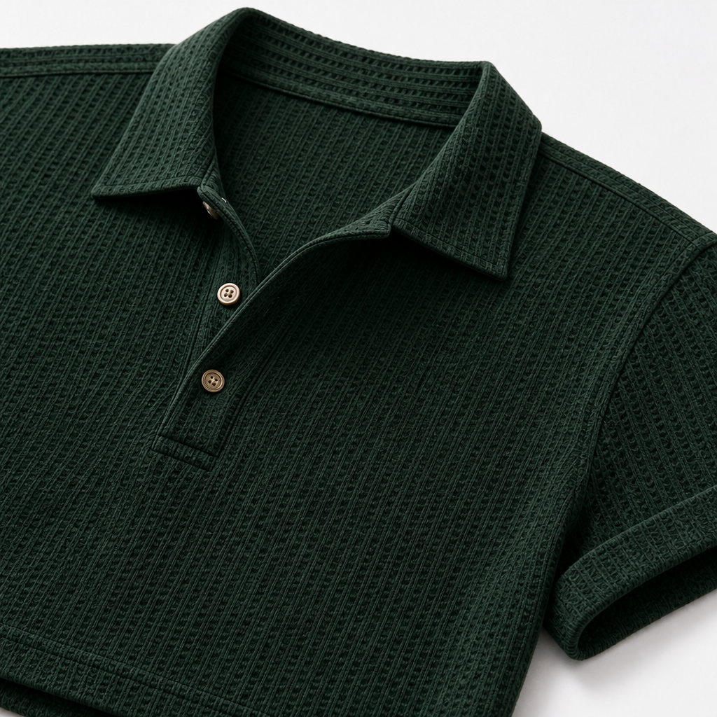 Men waffle knit open-collar polo collar placket and waffle fabric close up gallery image
