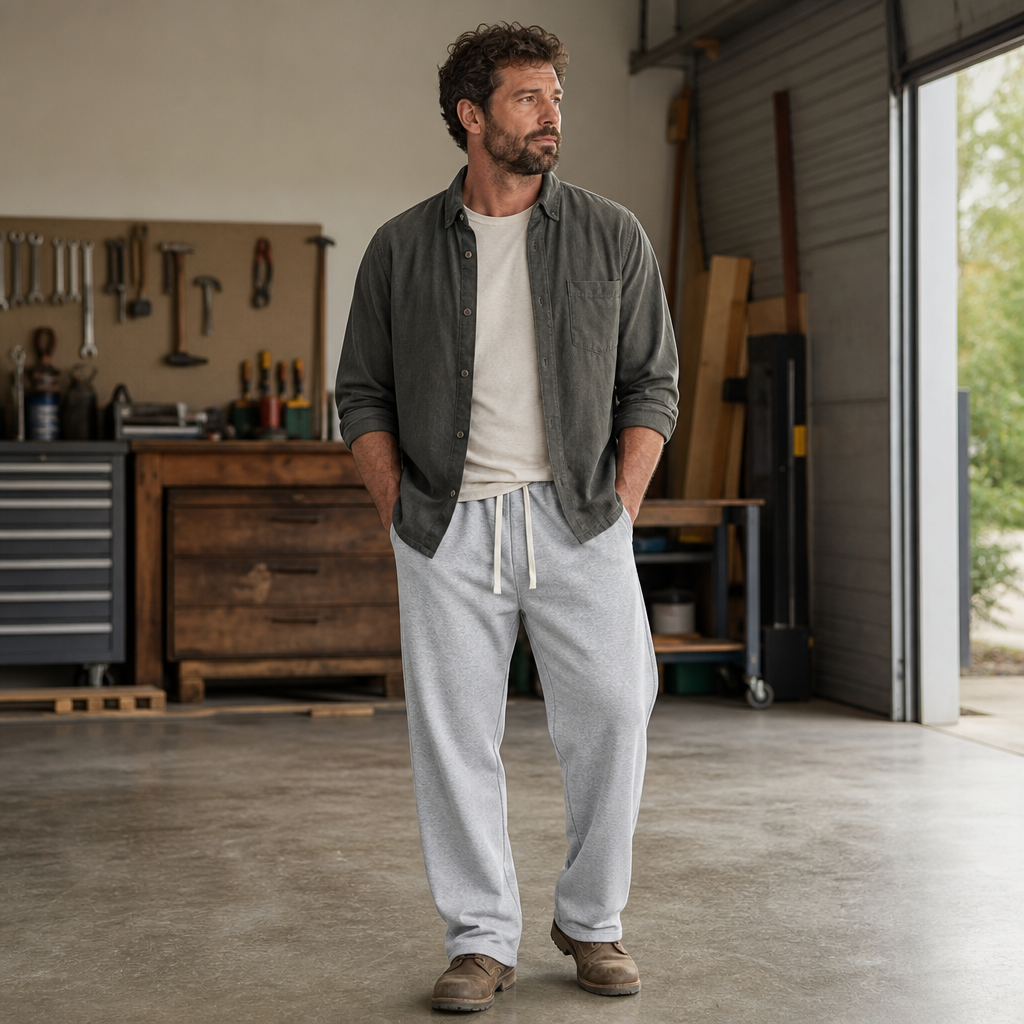 Men relaxed fleece drawstring sweatpants lifestyle workshop image