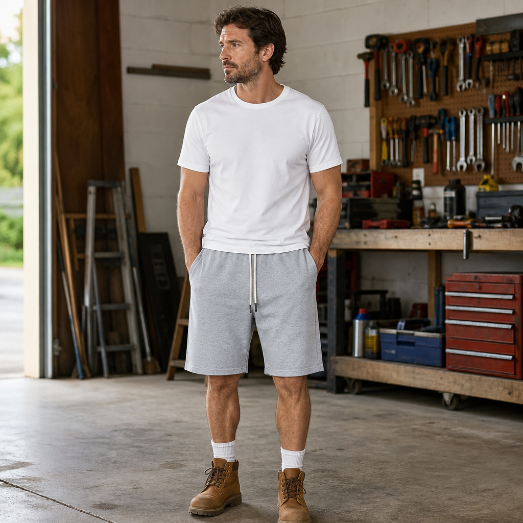 Men relaxed fleece drawstring shorts lifestyle workshop image