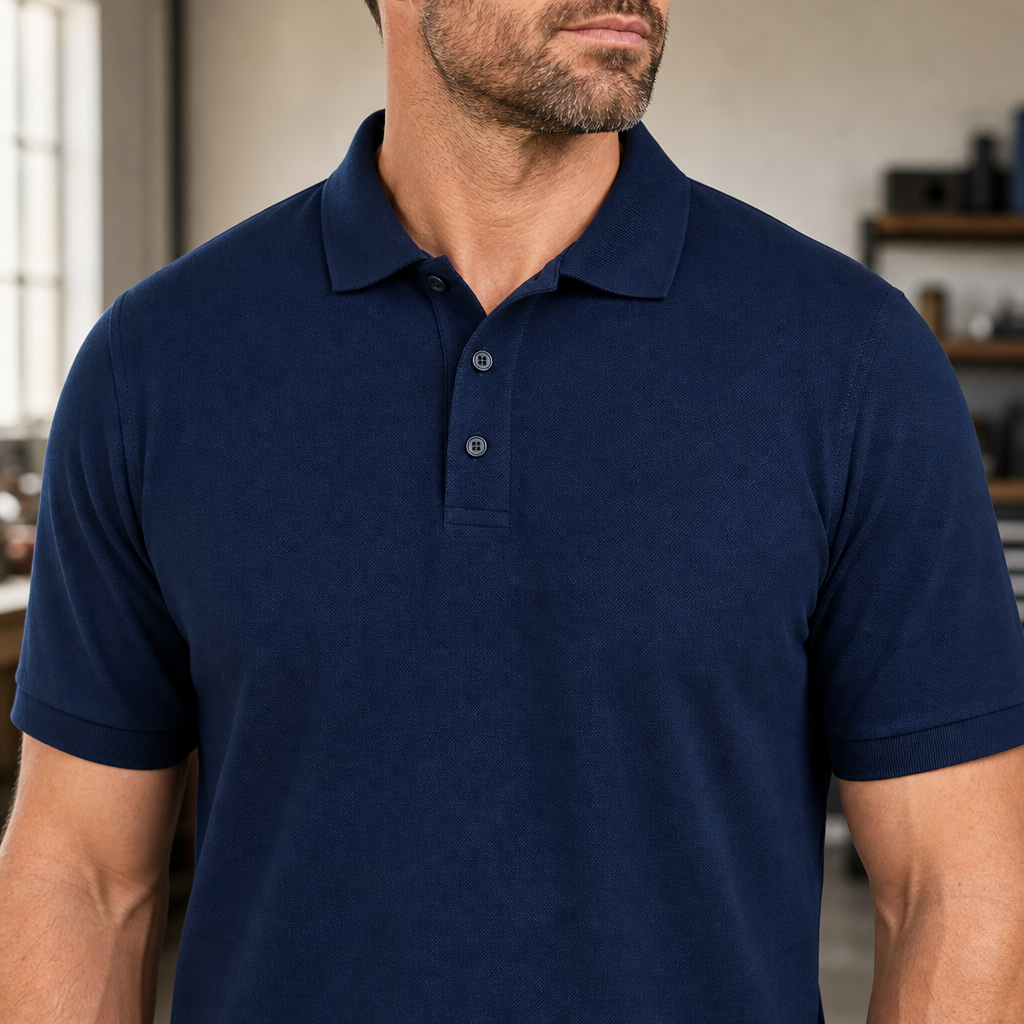 Men classic short sleeve polo collar placket fabric detail gallery image