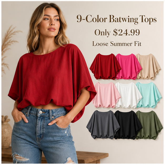 9-Color Boat Neck Batwing Tops Only $24.99 promotional image