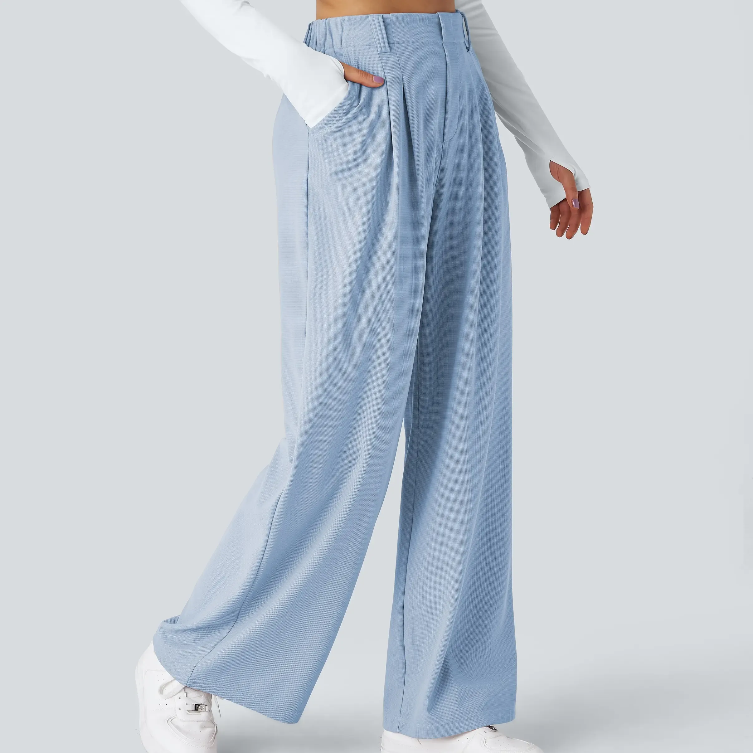  High Waisted Pocket Wide Leg Waffle Work Pants