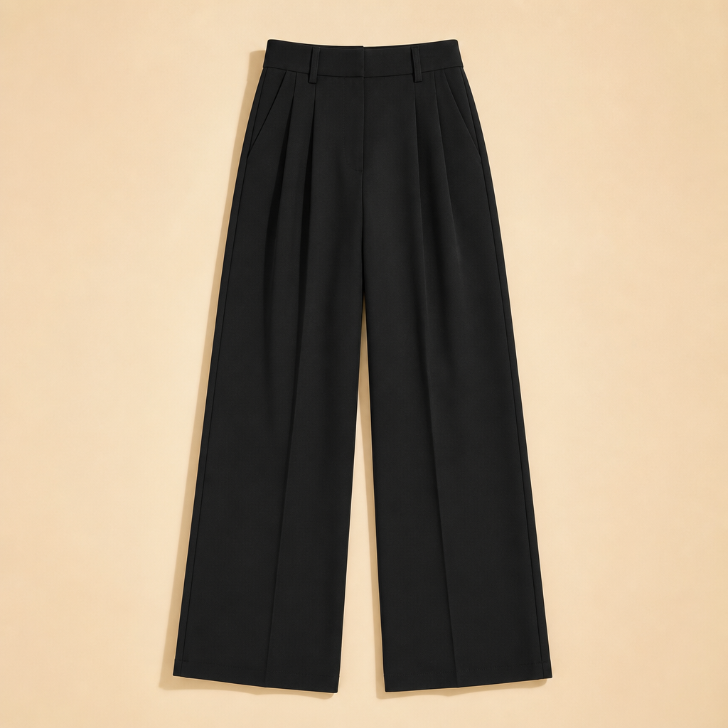 Black women high waist pleated wide leg trousers SKU image