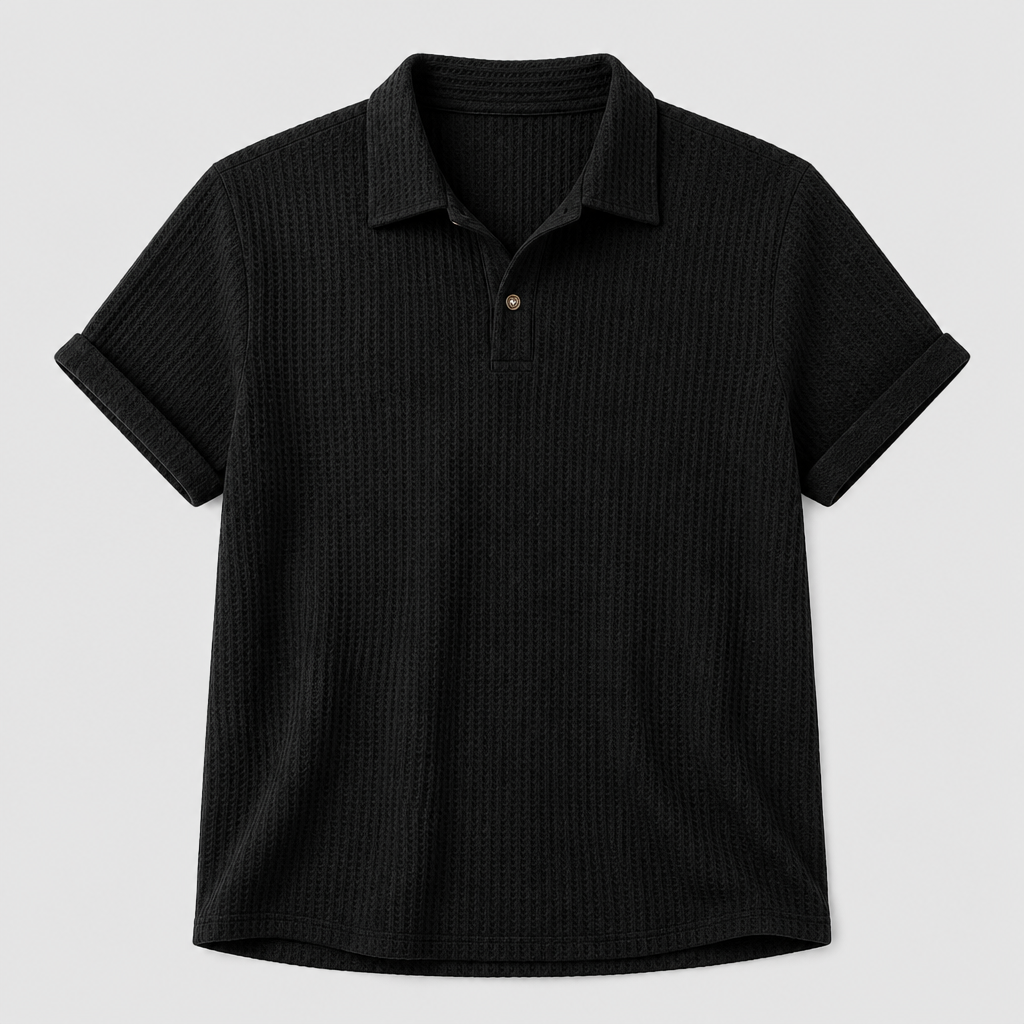 Black men waffle knit open-collar polo SKU image