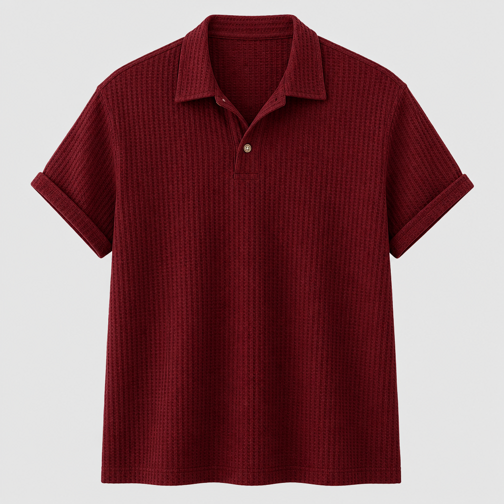 Burgundy Red men waffle knit open-collar polo SKU image