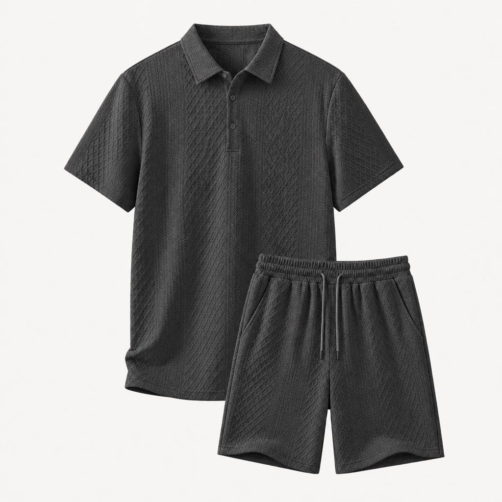Charcoal men textured knit polo shorts set size S