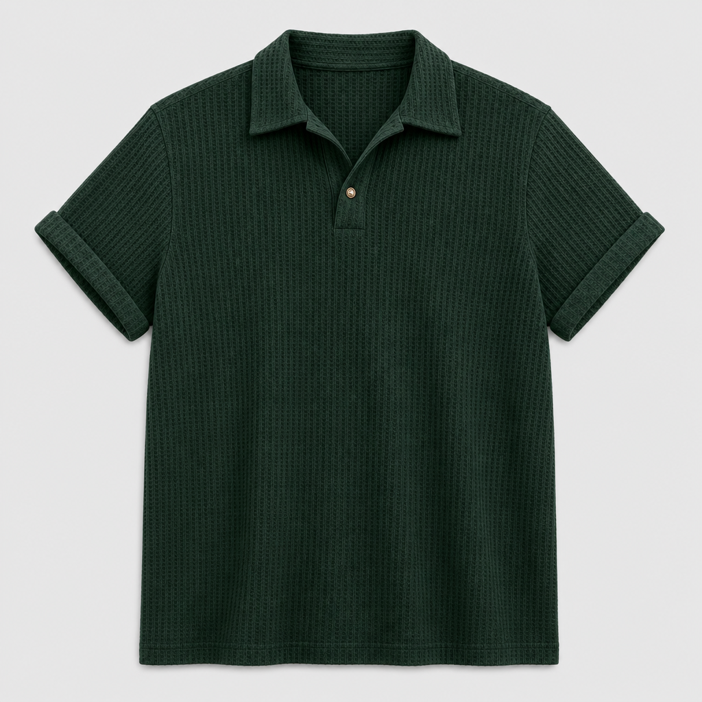 Forest Green men waffle knit open-collar polo SKU image