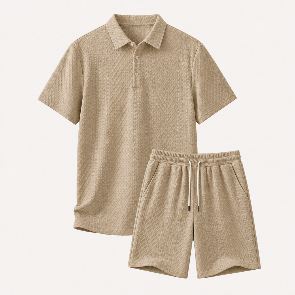 Khaki men textured knit polo shorts set size 3XL