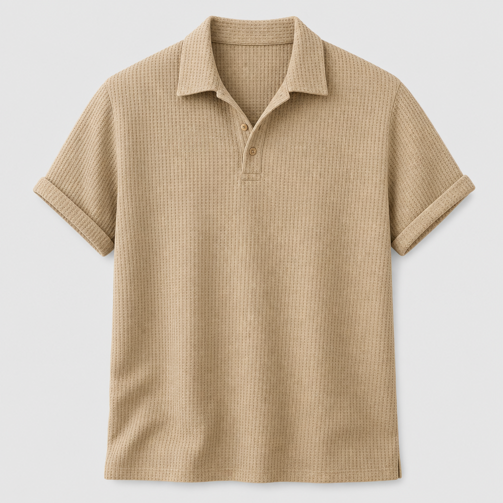 Khaki Beige men waffle knit open-collar polo SKU image