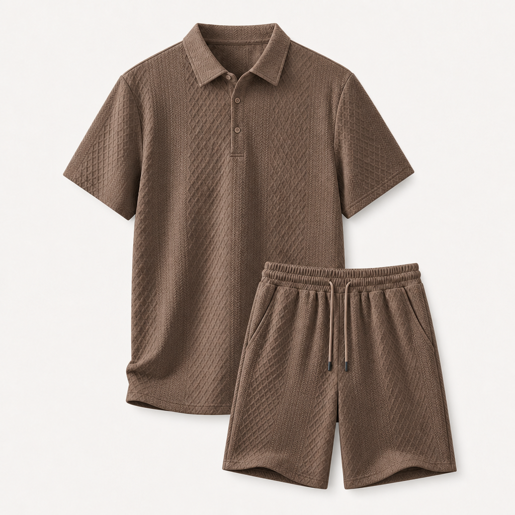 Mocha Brown men textured knit polo shorts set size 3XL