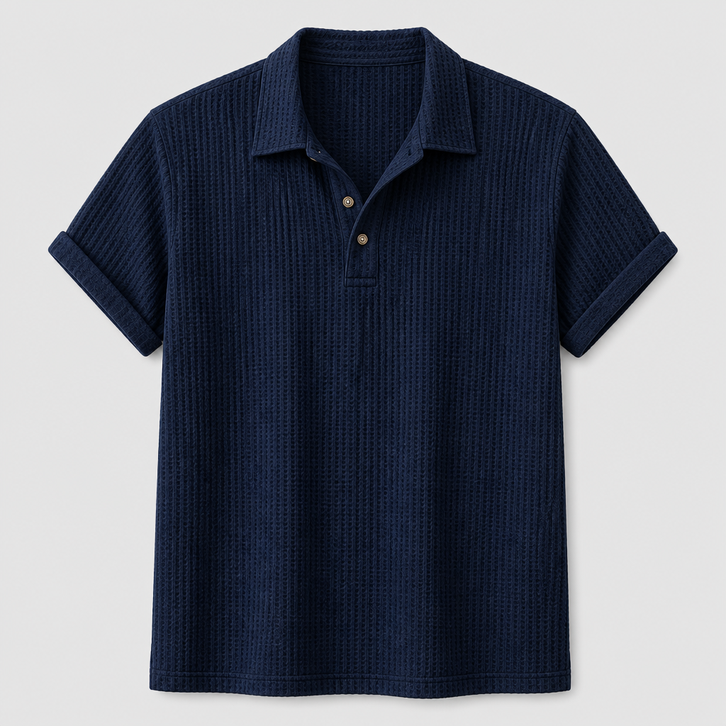 Navy Blue men waffle knit open-collar polo SKU image