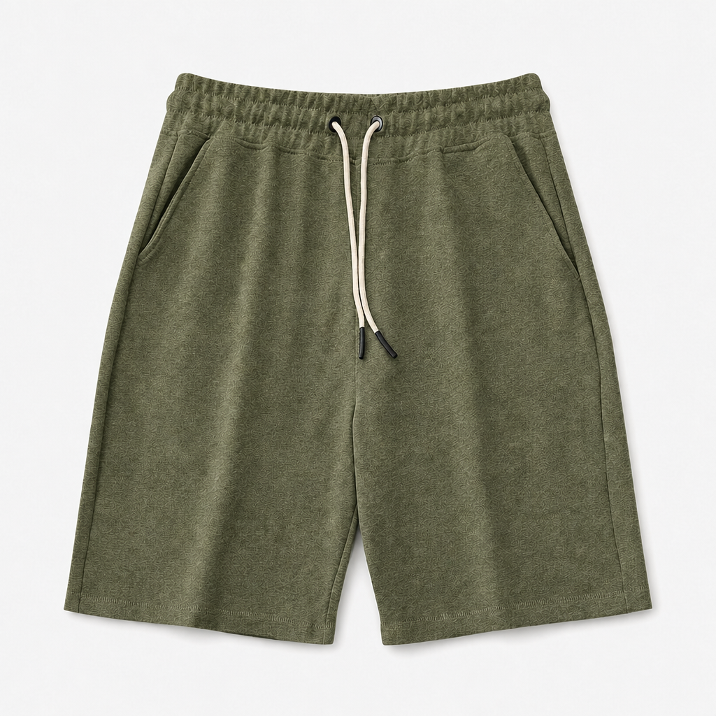 Olive Green men relaxed fleece drawstring shorts SKU image